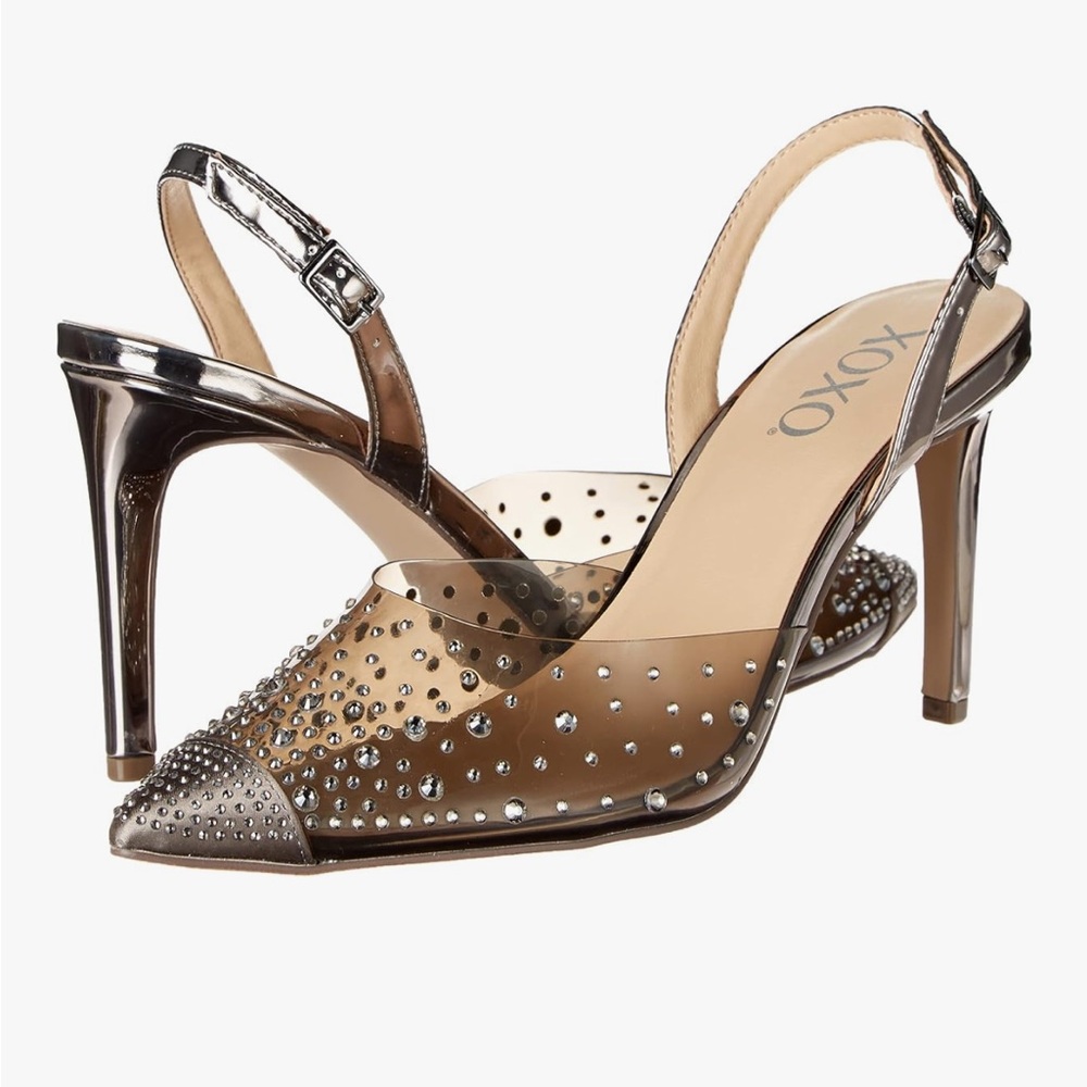 ❤️ GORGEOUS Rhinestone Clear Illusion Lilly Studded Slingback Heels in Smoke, 8